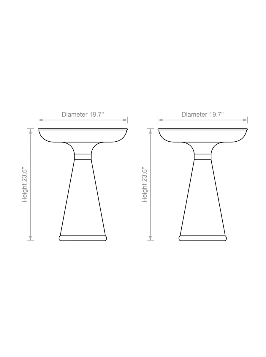 Dimension drawing of the Solvaynne side table in inches, 19.7 diameter by 23.6 high