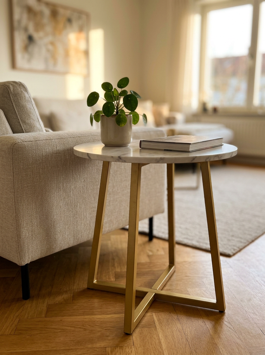 Nerentha marble look side table styled beside a sofa in a modern living room