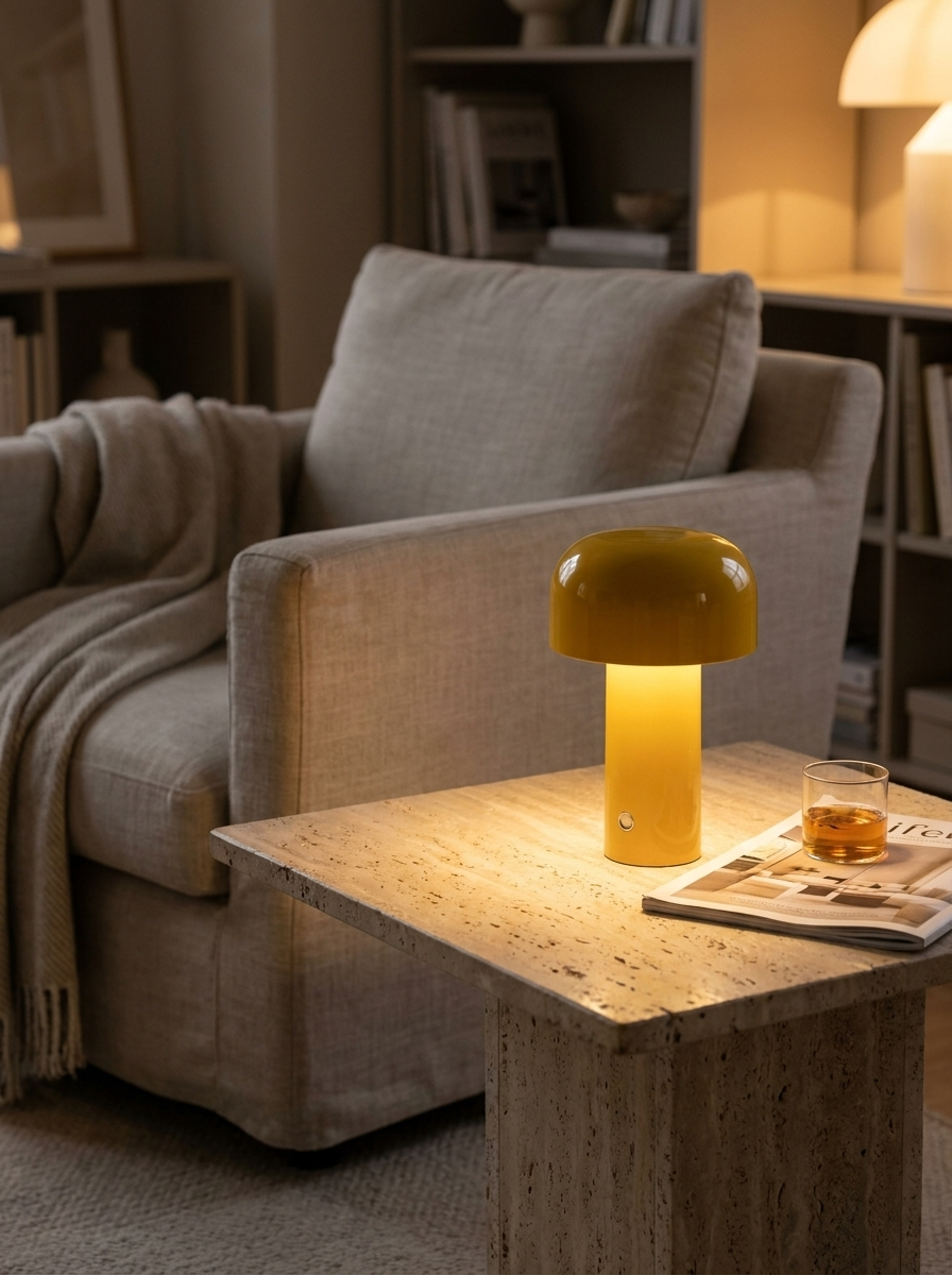 Retro Italian mushroom portable table lamp glowing on a travertine side table