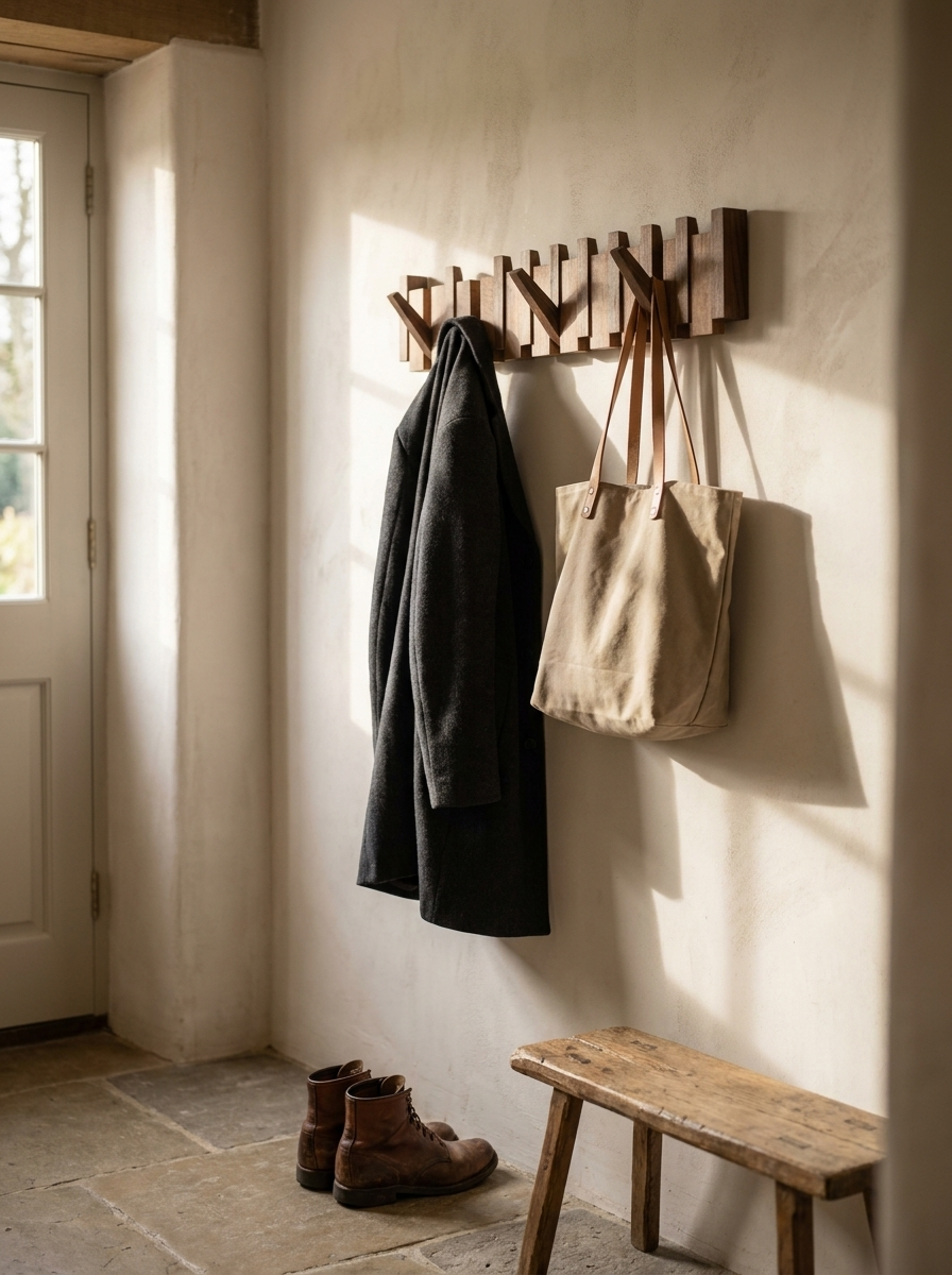 Solid walnut wall coat rack holding a wool coat and a tote bag in an entryway