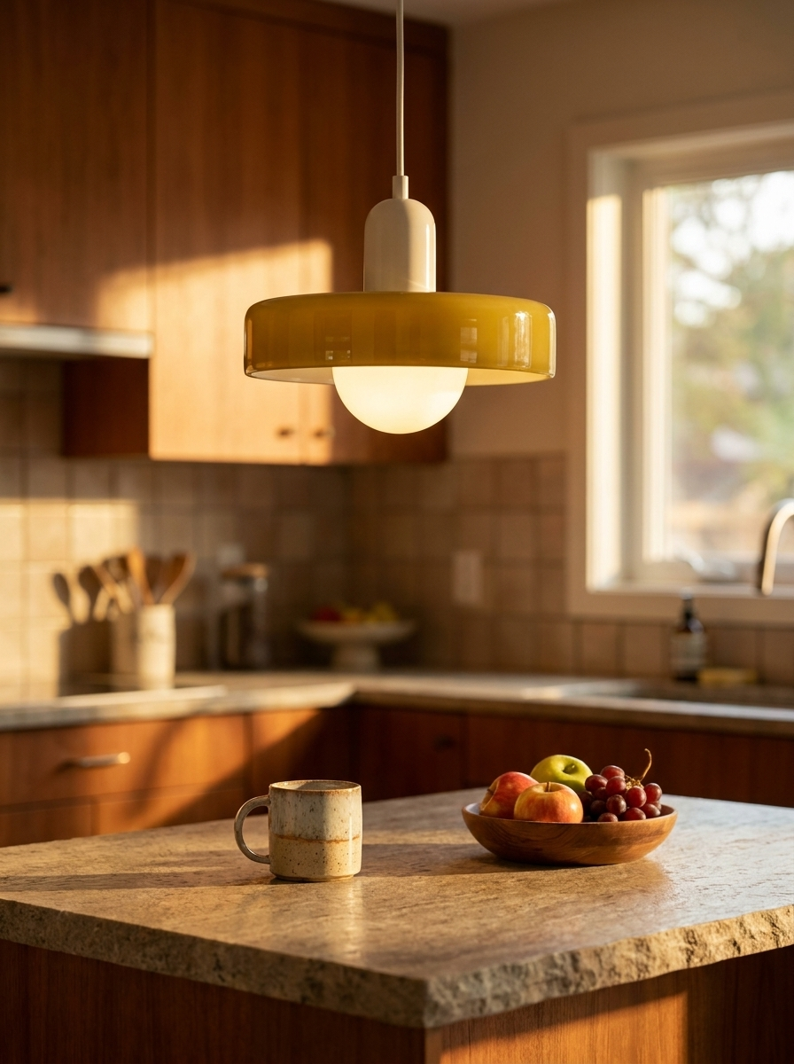 Italian retro glass and metal pendant light glowing above a stone kitchen counter