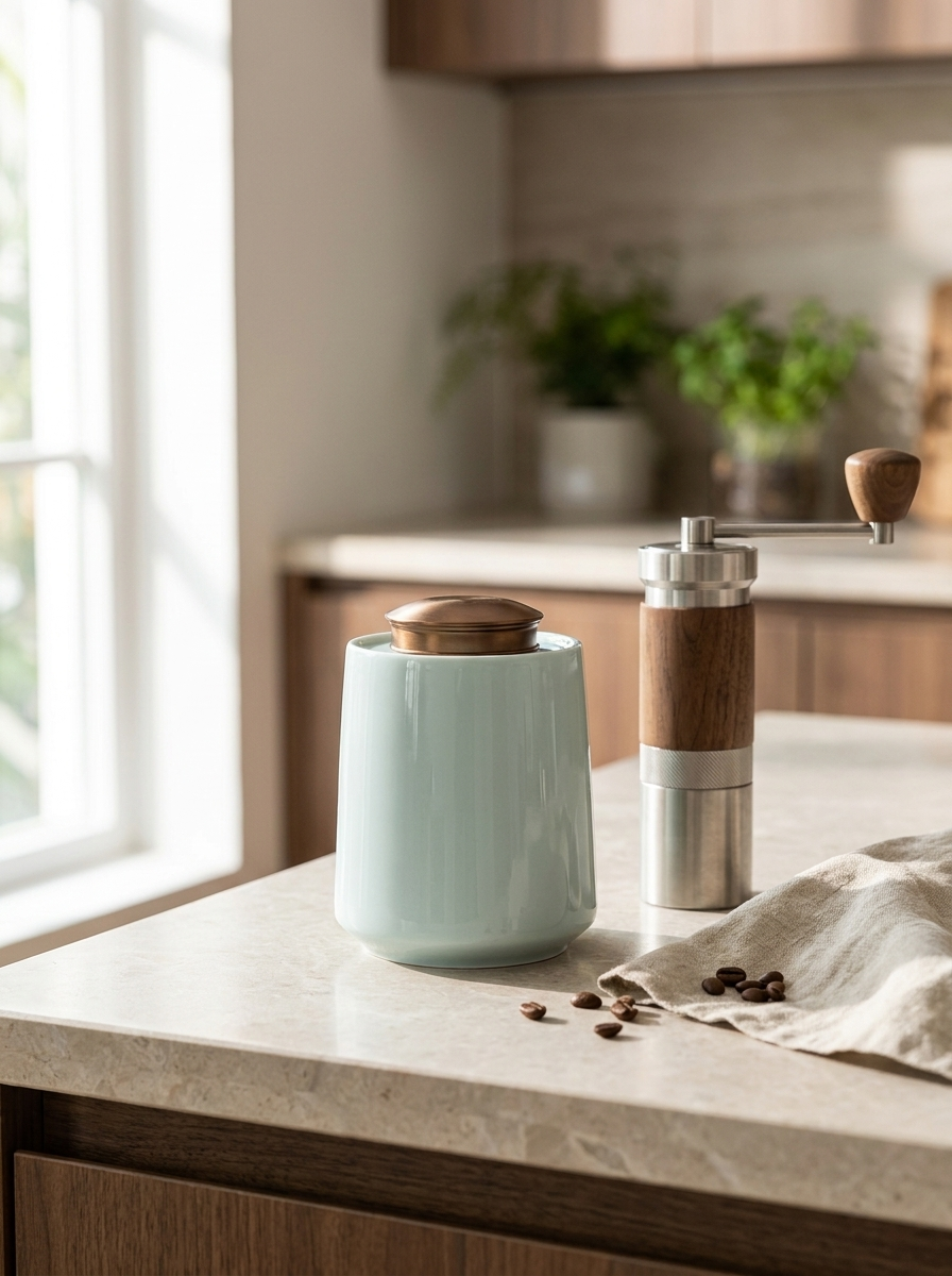 Airtight kitchen storage container with brass lid on a modern kitchen countertop beside coffee beans