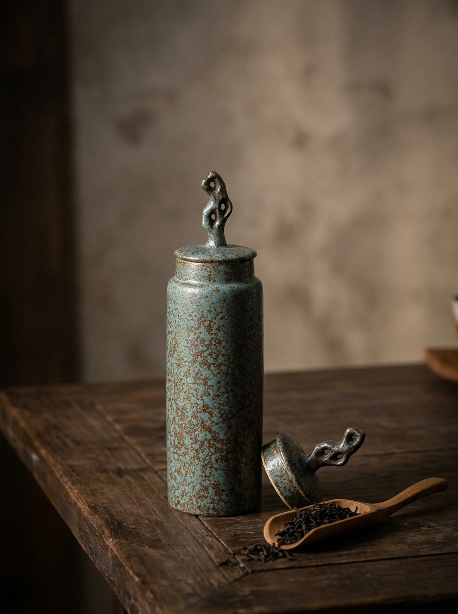 Handmade stoneware tea caddy with ceramic lid open beside loose leaf tea on a dark wood table