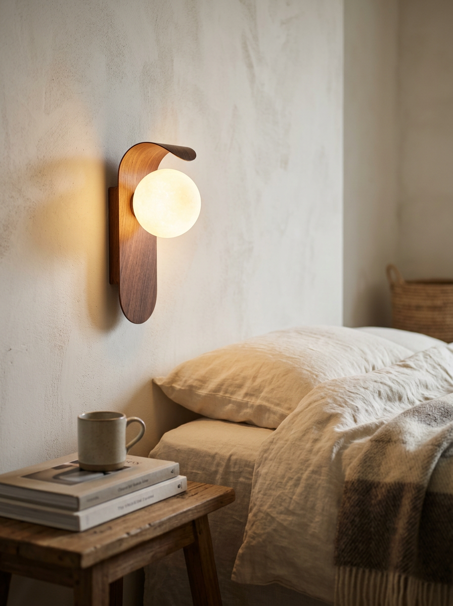 Carlyle wall lamp mounted above a nightstand casting a warm pool of light on the wall
