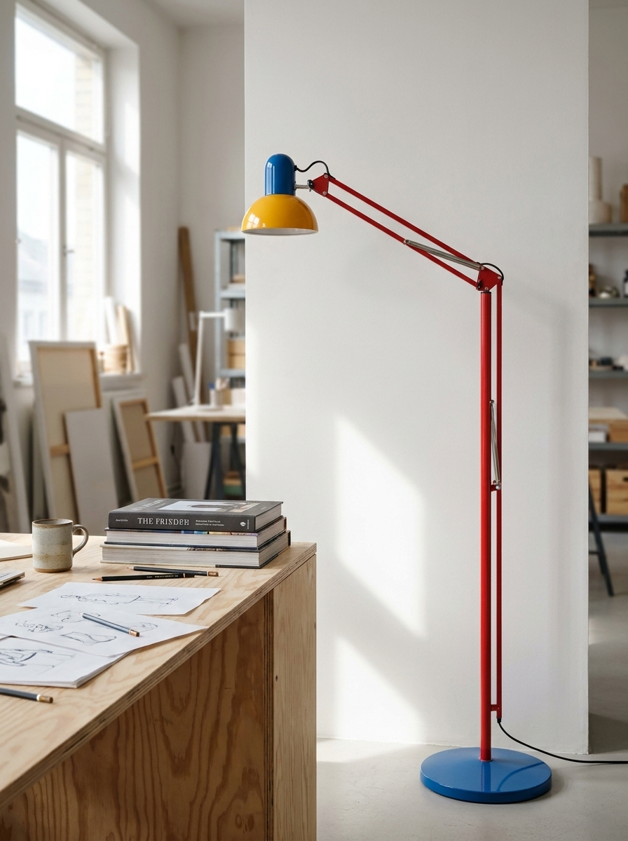 Flexo Memphis floor lamp in a creative studio corner with a plywood desk