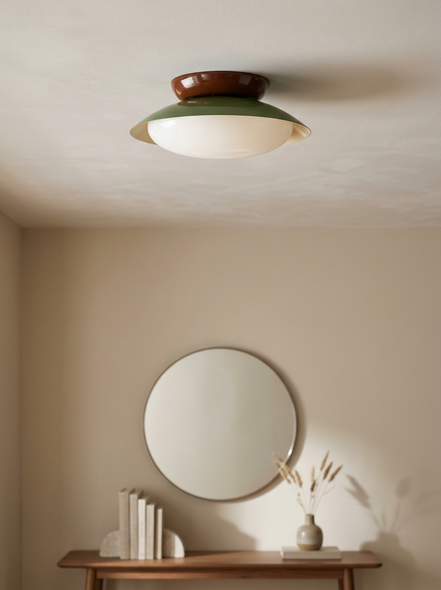 Paulo dome ceiling light above a hallway console table with a round mirror