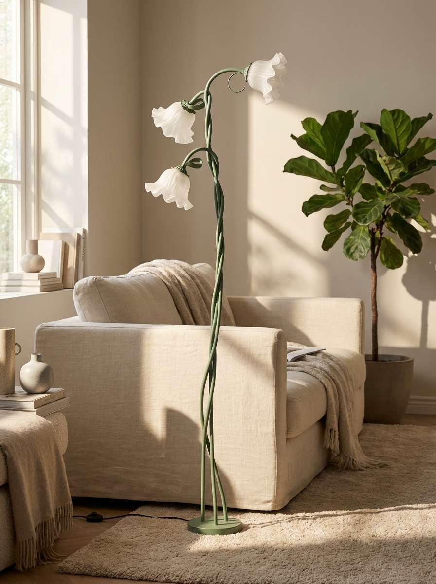 Calla lily floor lamp in a bright living room corner beside a linen sofa