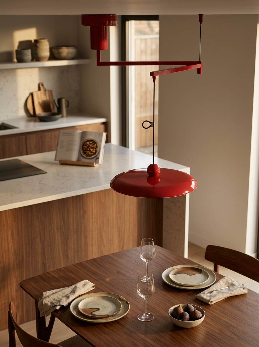 Tizio flat disc pendant light above a walnut dining table in a modern kitchen
