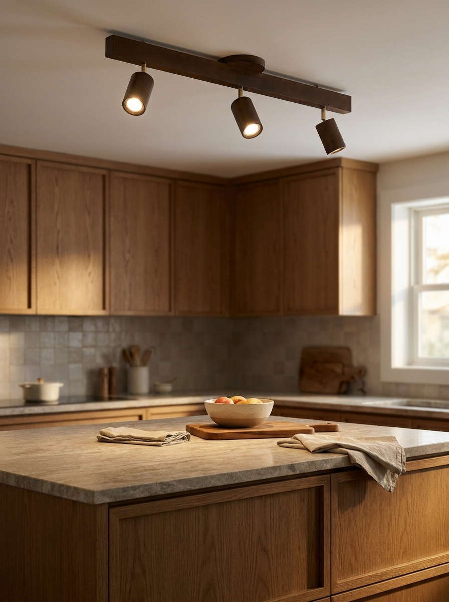 Merlo wood track lighting mounted above a kitchen island with oak cabinetry