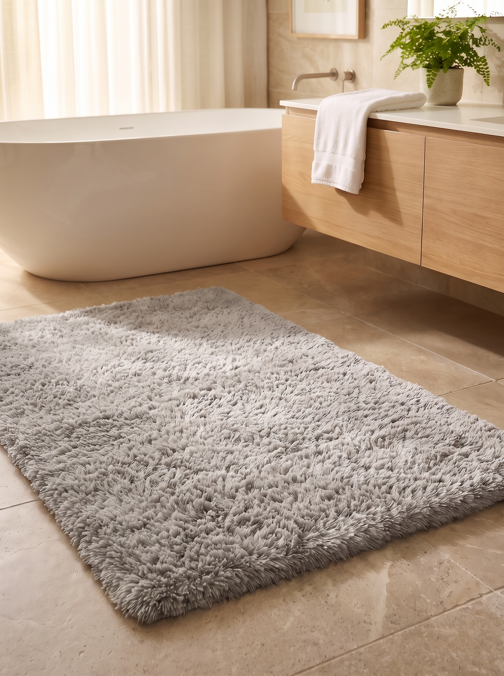 A plush light gray microfiber shag bath rug laid on a bathroom floor beside a tub