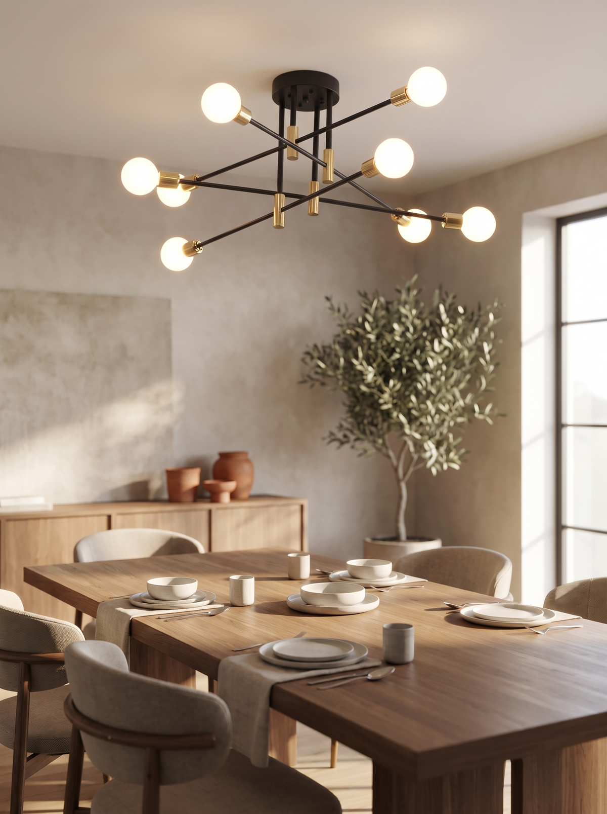 A mid-century sputnik semi-flush ceiling light with slim black and brass arms and exposed round bulbs, mounted above a dining table