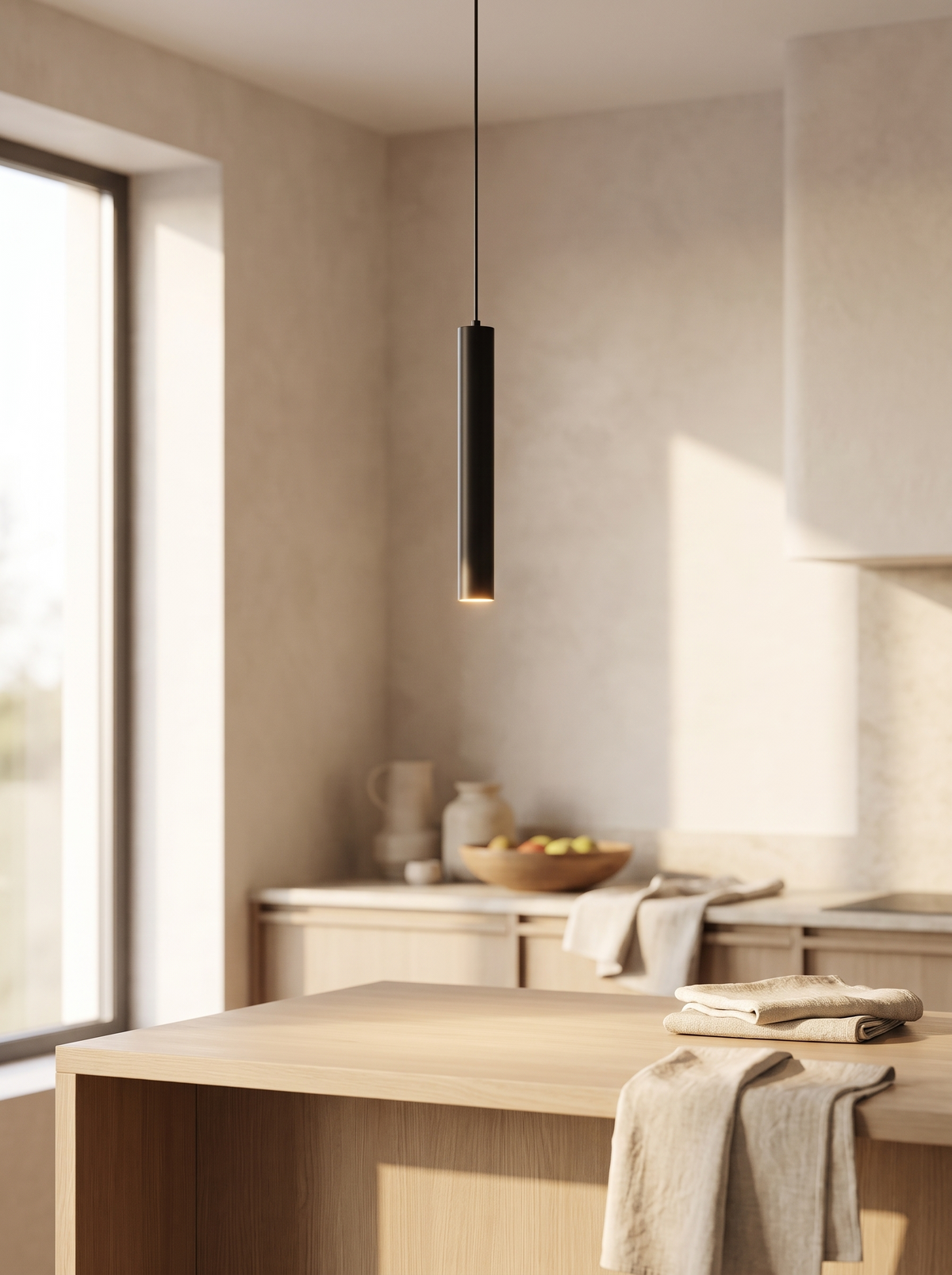 A slim black cylinder tube pendant light hanging on a fine cable above a kitchen island