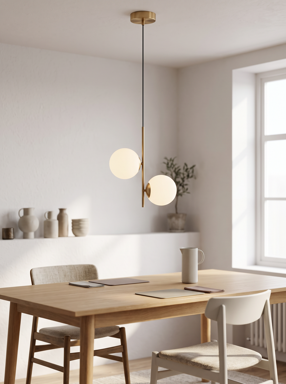 A slim brass pendant light with three frosted opal glass globes hanging above a dining table