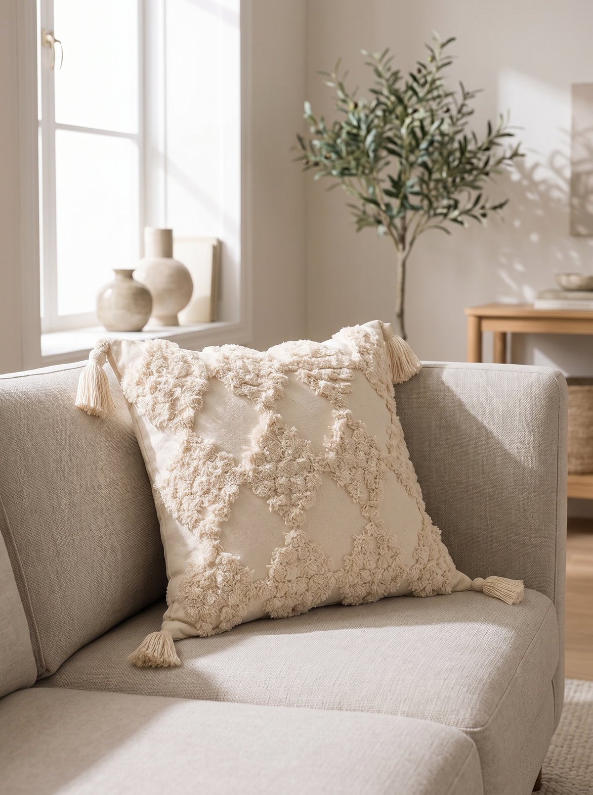 A beige tufted cotton canvas throw pillow with small tassel accents resting on a light neutral sofa