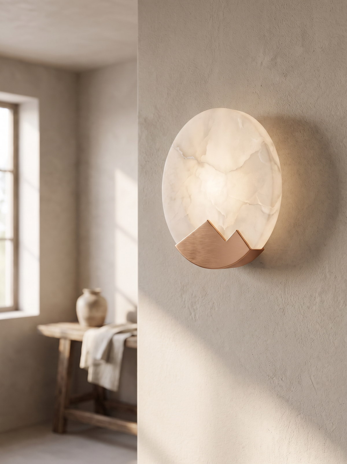A round alabaster stone wall sconce with a brushed copper backplate, glowing softly on a neutral plaster wall