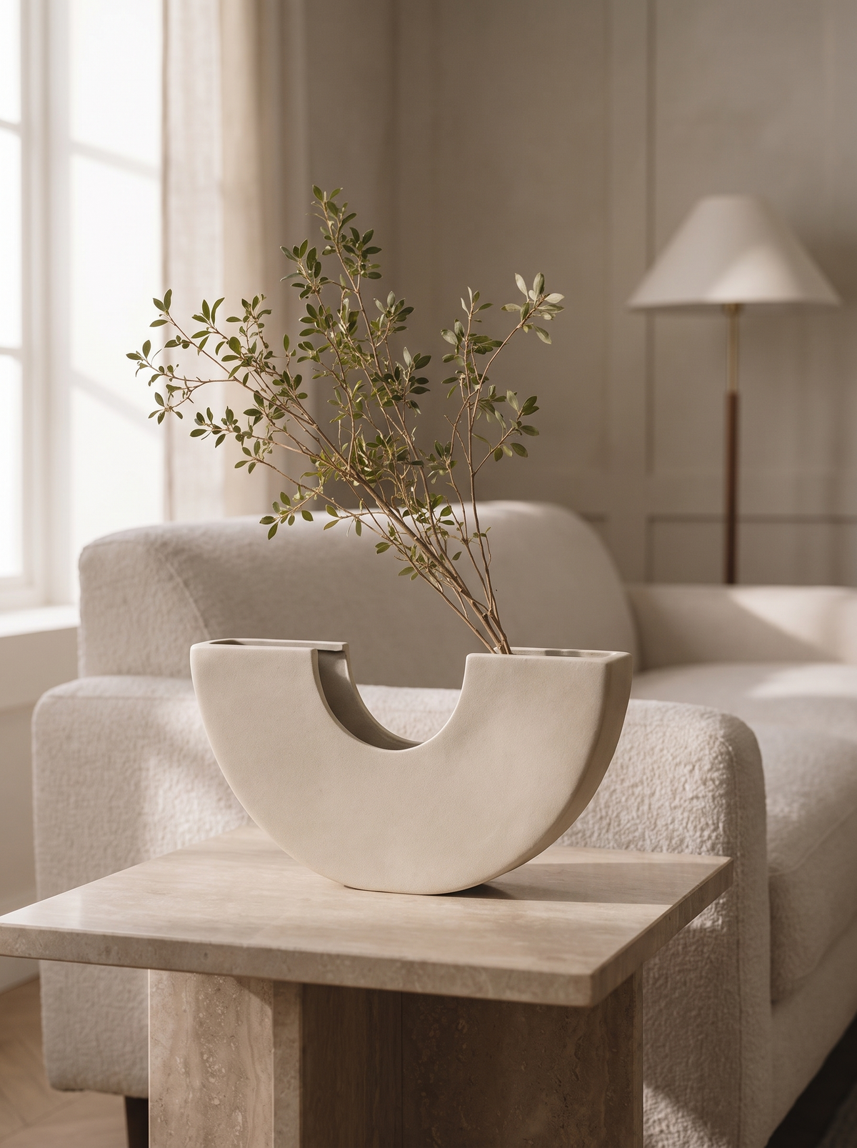 A matte unglazed ceramic vase with a sculptural arch silhouette holding dried stems on a minimal side table