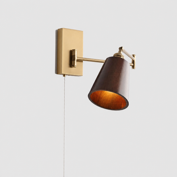 Bell shade walnut wall sconce with brass wall plate and pull chain