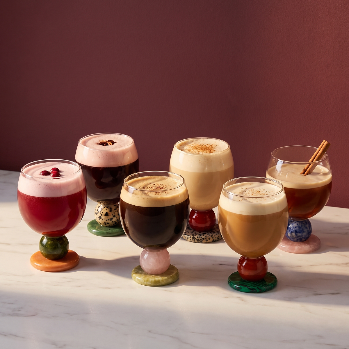 Row of stone base glasses with drinks in warm light