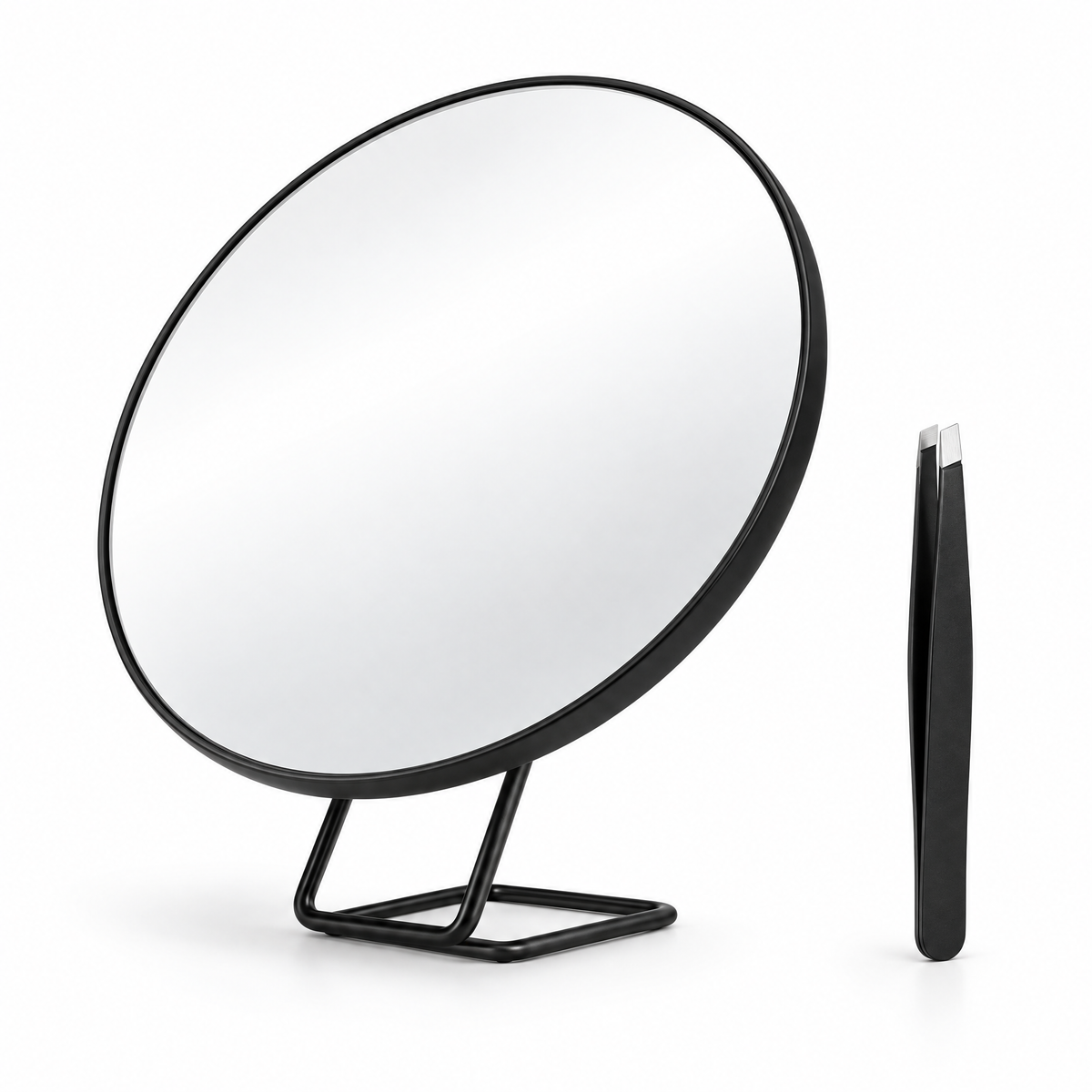 Chiara Vista magnifying makeup mirror in black with tweezers