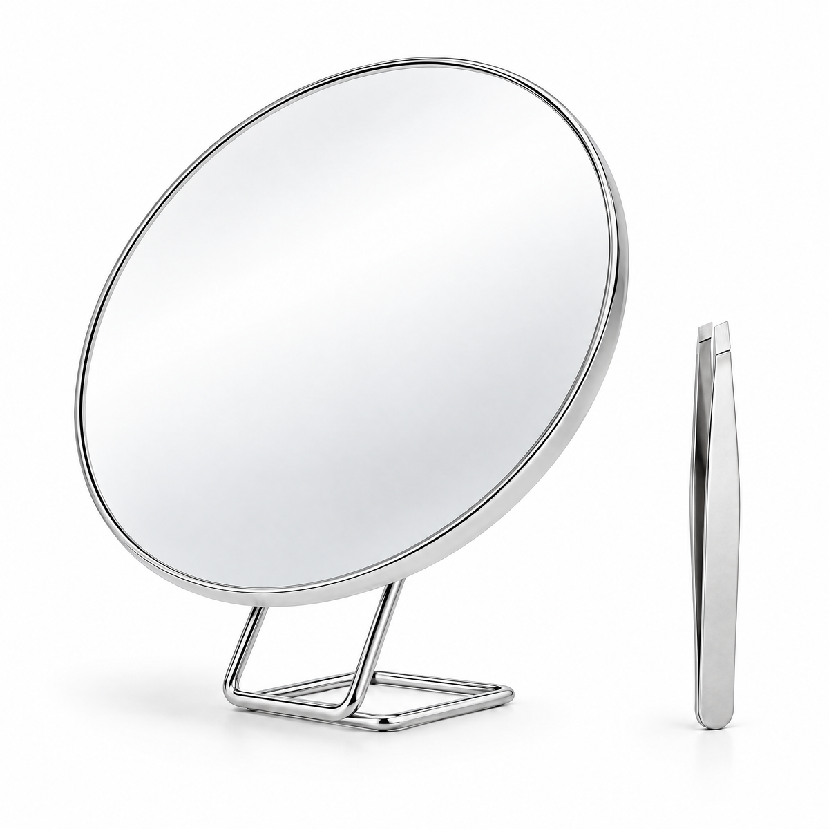 Chiara Vista magnifying makeup mirror in silver with tweezers