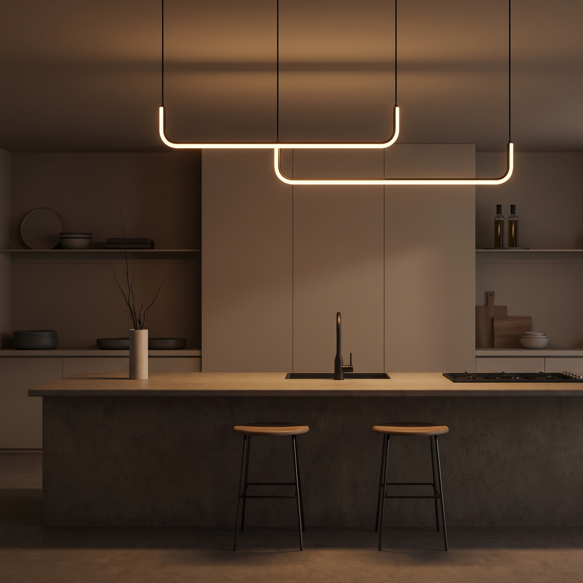 Two bar Dumont pendant light glowing in a dim kitchen