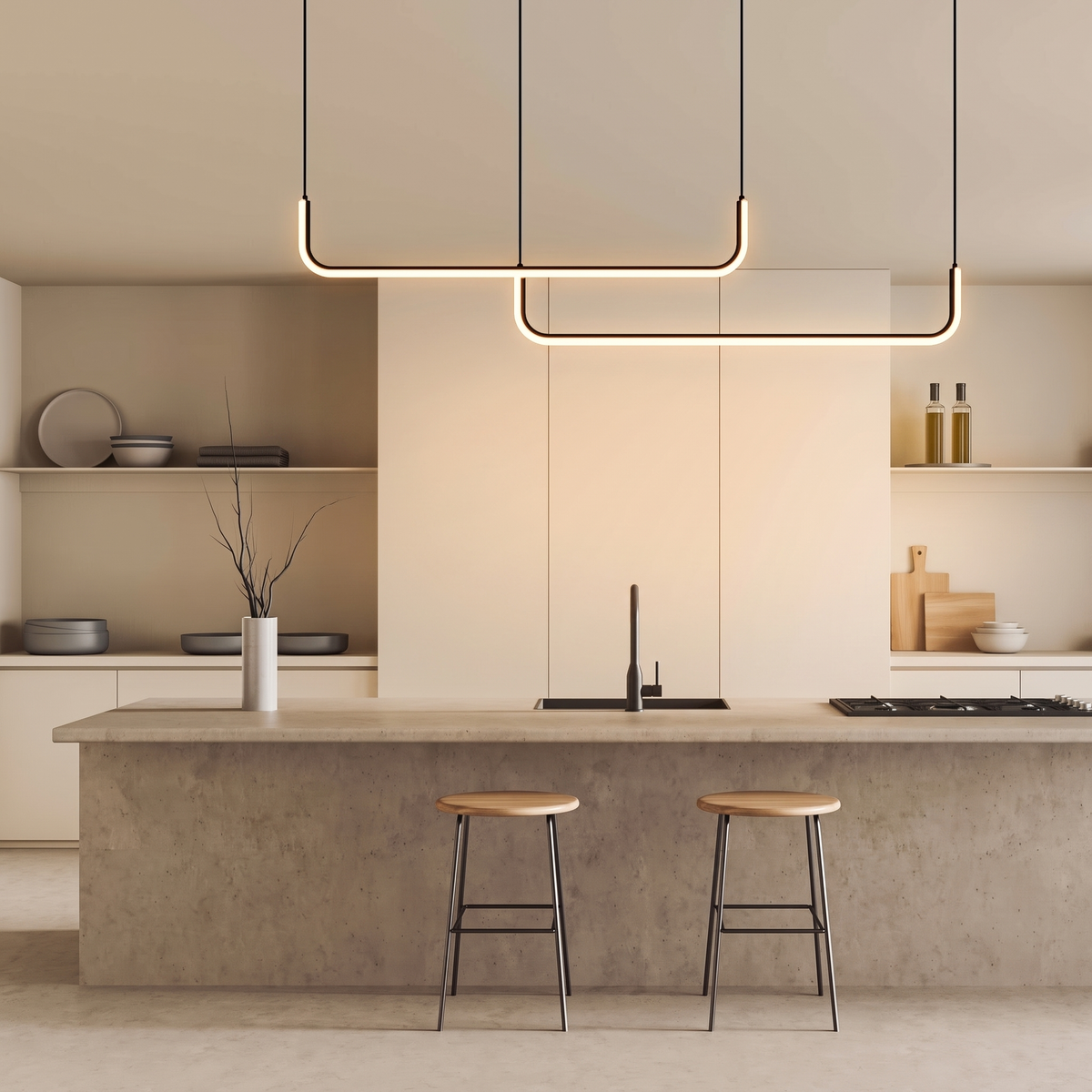 Two bar Dumont pendant light glowing over a warm beige kitchen island