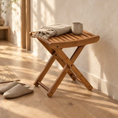 Small Folding Bamboo Stool, Curved Slatted Seat for Shower or Entryway