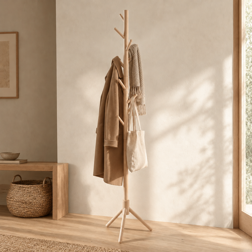 Natural wood coat rack on a tripod with coats and a tote in a sunny hallway