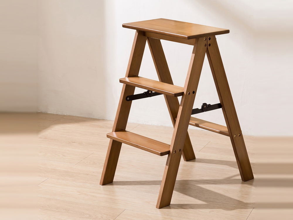 Bamboo three step folding stool with black metal braces, full view