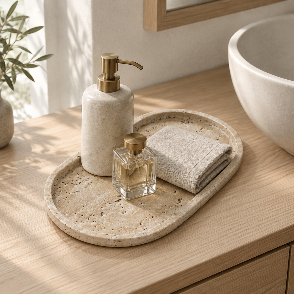 Oval travertine tray with a soap pump, perfume and washcloth on a bathroom vanity