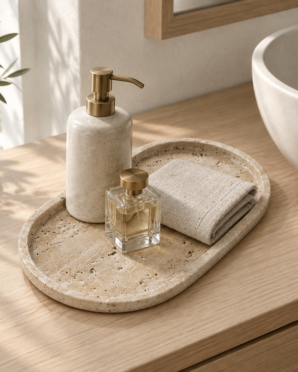 Oval travertine tray with a soap pump, perfume and washcloth on a bathroom vanity