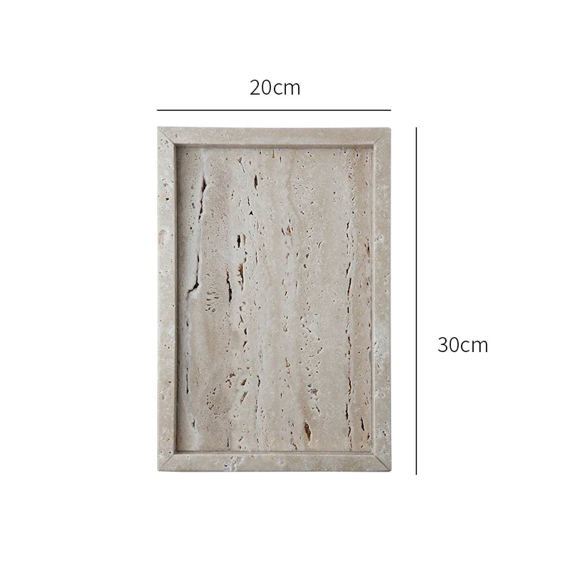 Larger rectangle travertine tray seen from above on white