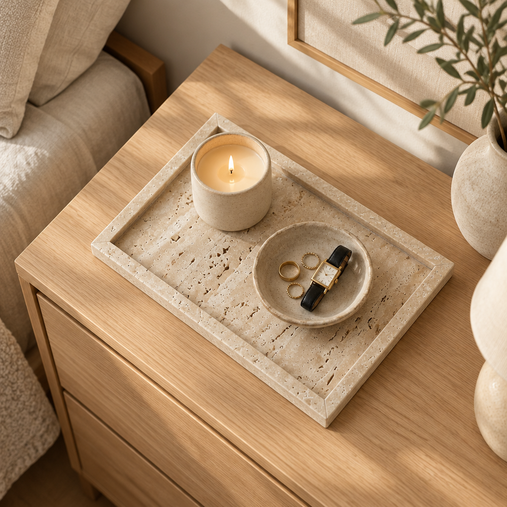 Rectangle travertine tray with a candle and ring dish on a bedside table