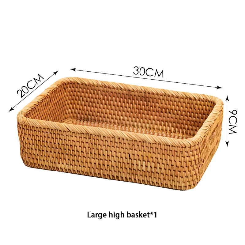 Large rectangular rattan basket on white with its measurements marked