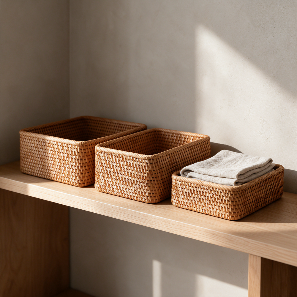 Three rattan storage baskets with folded towels on a wooden wall shelf