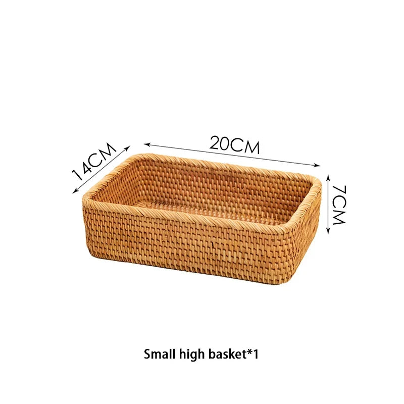 Small rectangular rattan basket on white with its measurements marked