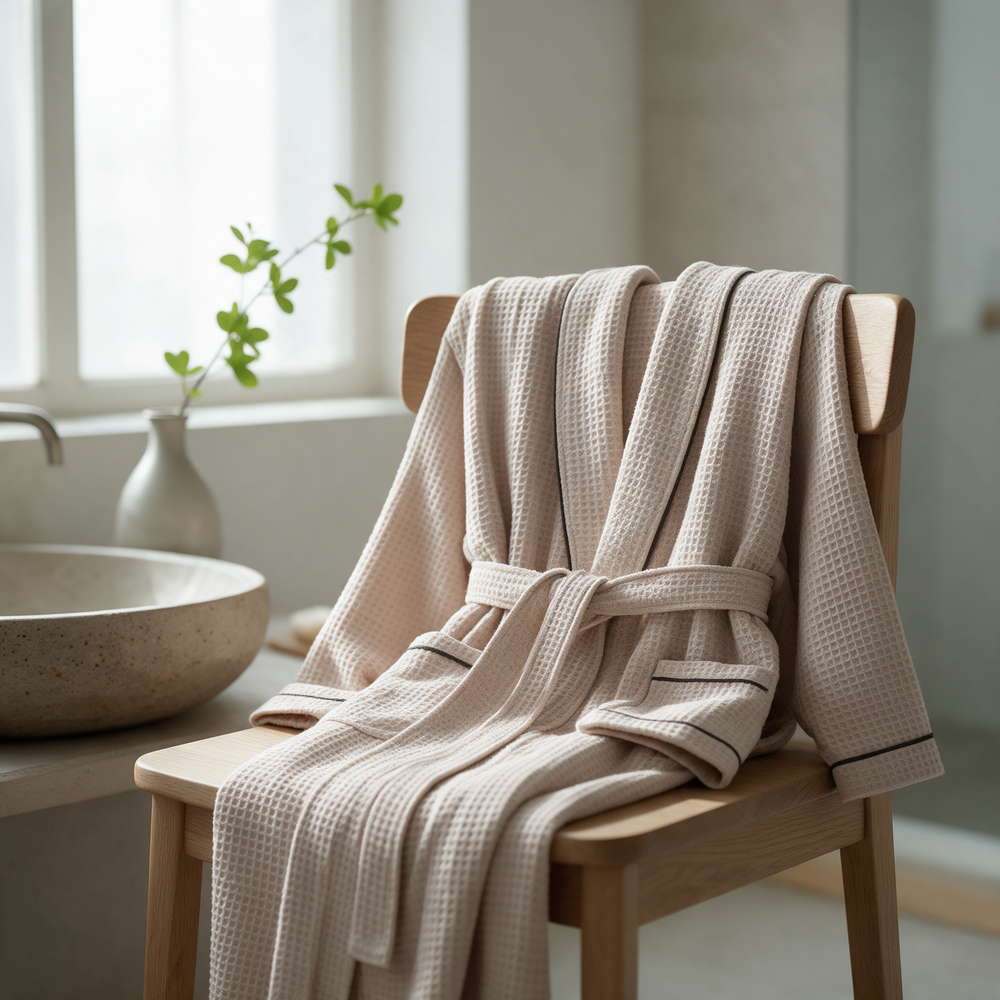 Khaki cotton waffle robe draped over a wooden chair in a bathroom