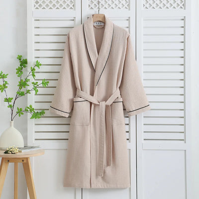 Women's Cotton Waffle Bathrobe with Shawl Collar, Khaki, White or Navy