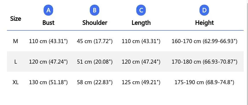 Bathrobe size chart with bust, shoulder, length and height per size