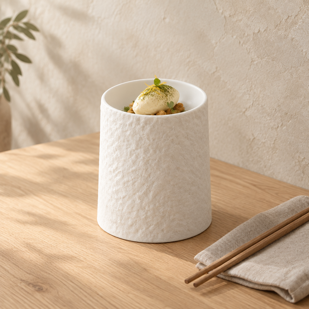 Tall white textured ceramic pedestal dish with dessert on a table