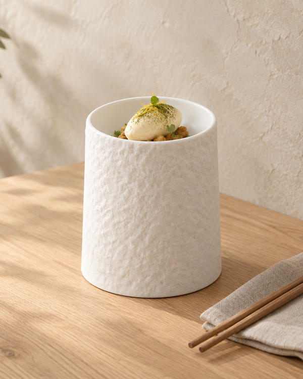 Tall white textured ceramic pedestal dish with dessert on a table