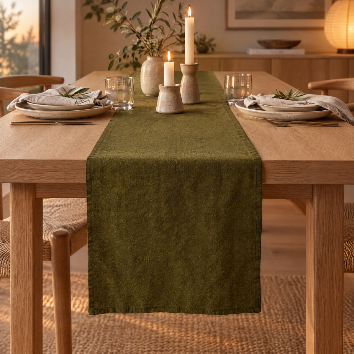 Olive linen table runner on a dining table with candles and napkins