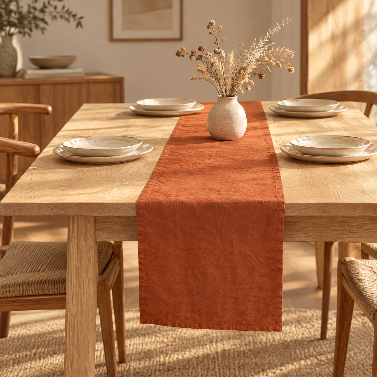 Rust linen table runner down the middle of a light wood table