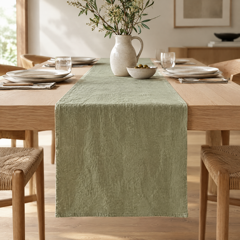 Sage green linen table runner with crumpled texture on a wood table