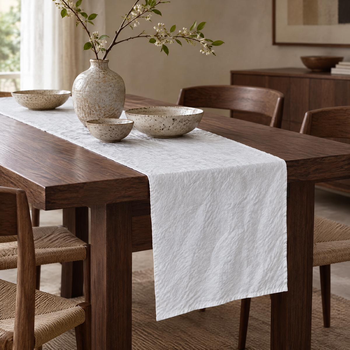 White stonewashed linen runner on a dark wood dining table
