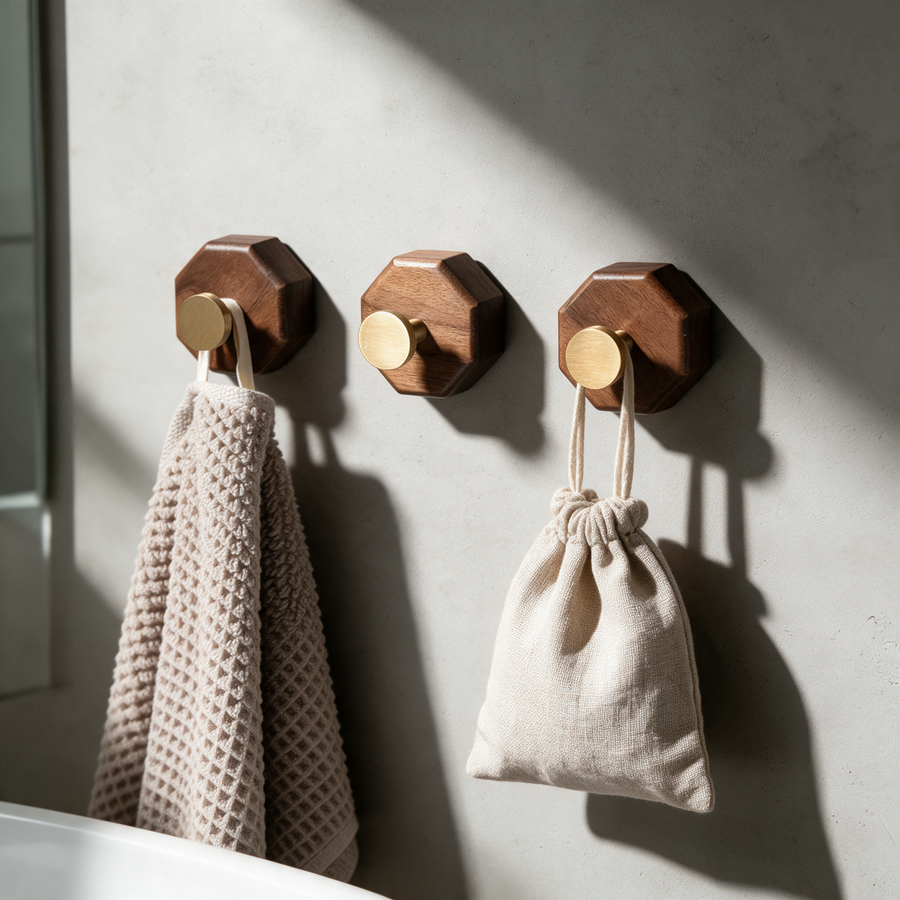 Three walnut wall hooks holding a towel and a cloth pouch in a bathroom