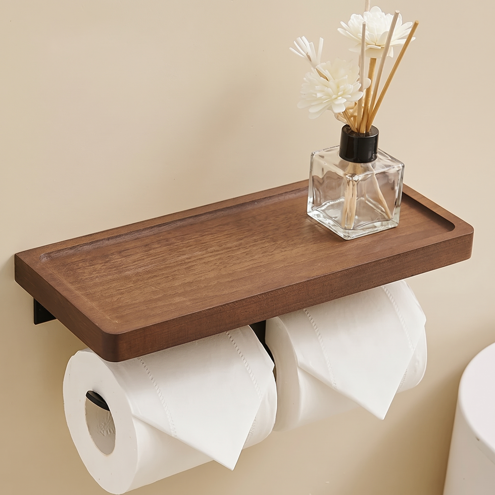 Double walnut toilet paper holder with two rolls and a diffuser on the shelf