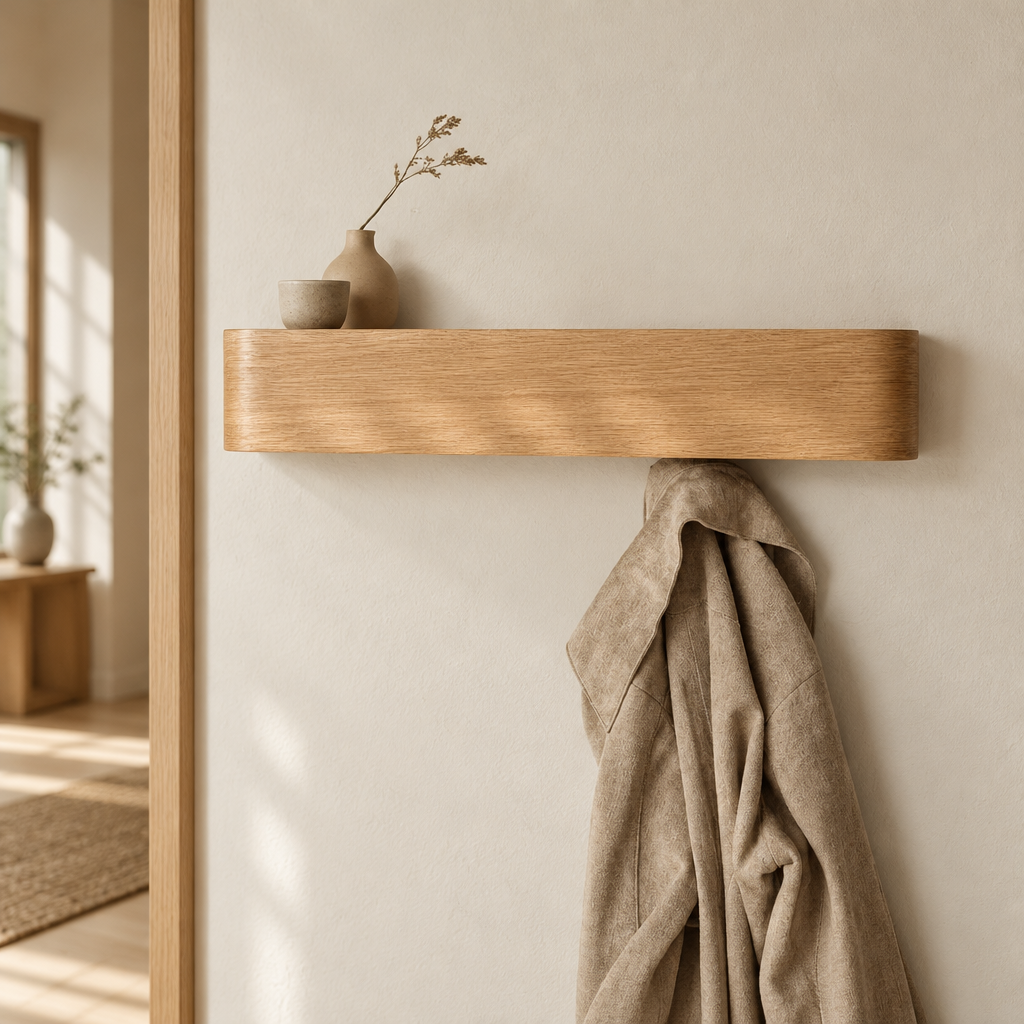 Natural wood grain wall shelf with a vase on top and a coat on the hook