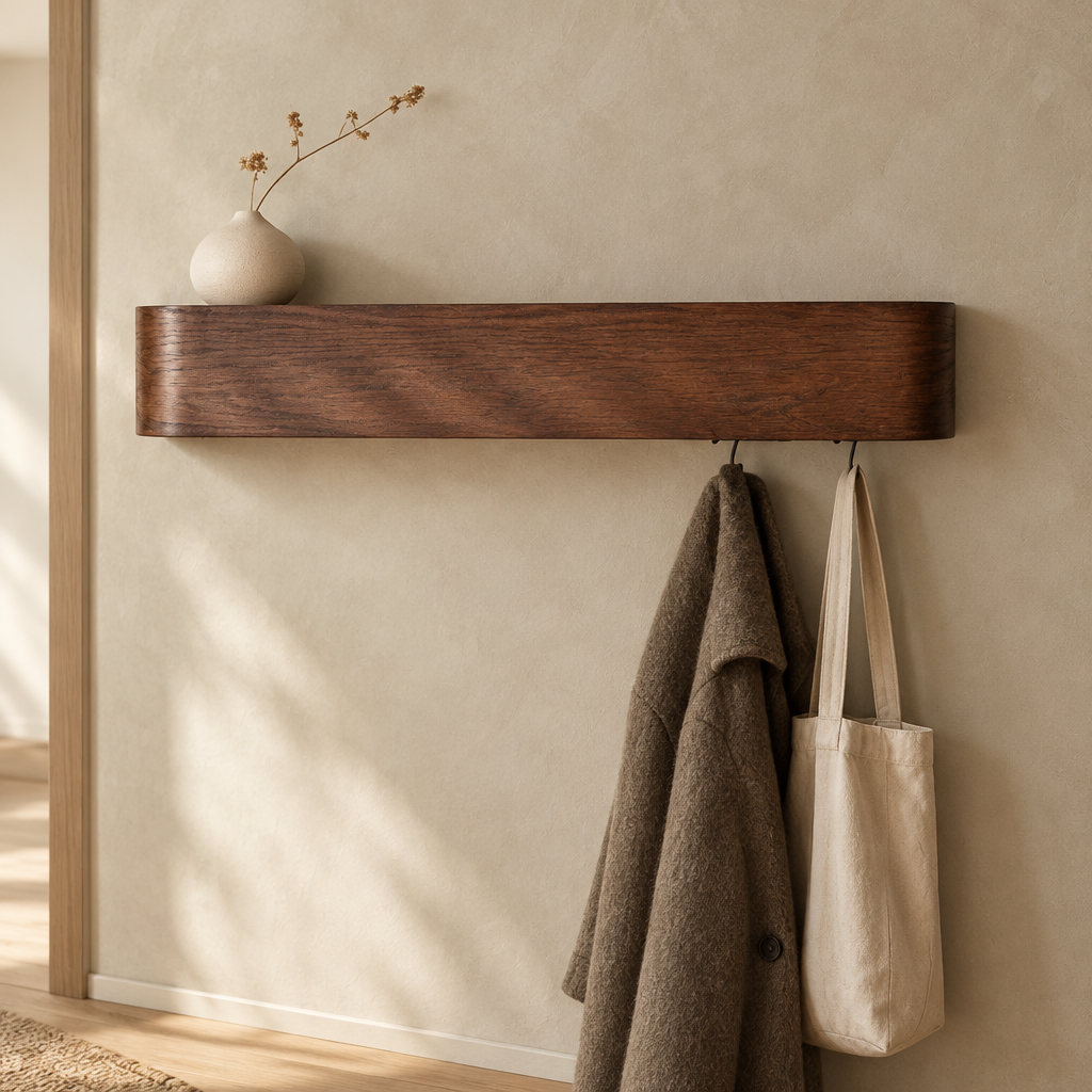 Walnut tone wall shelf with hooks holding a coat and a tote bag in a hallway