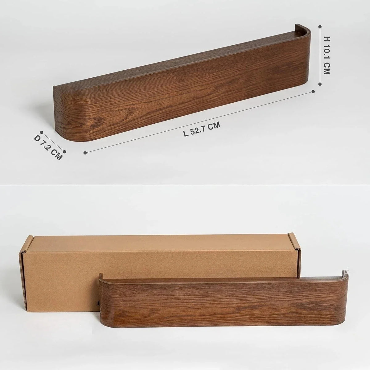 Walnut tone curved wall shelf with size lines and its shipping box